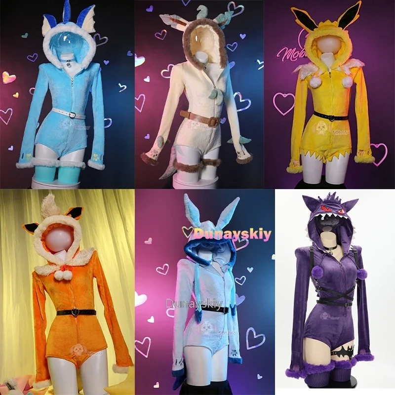 

Anime Vaporeon cosplay costume women sexy flannel hooded bodysuit tail socks suit bunny girl kawaii plush pajamas cute jumpsuit