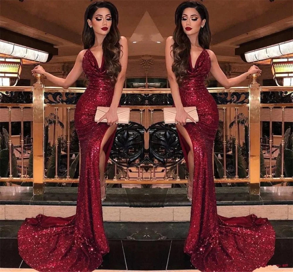 

2019 Burgundy V Neck Sequins Mermaid Prom Dresses robe de soiree Sexy High Slits Vestido De Festa Formal Evening Prom dress