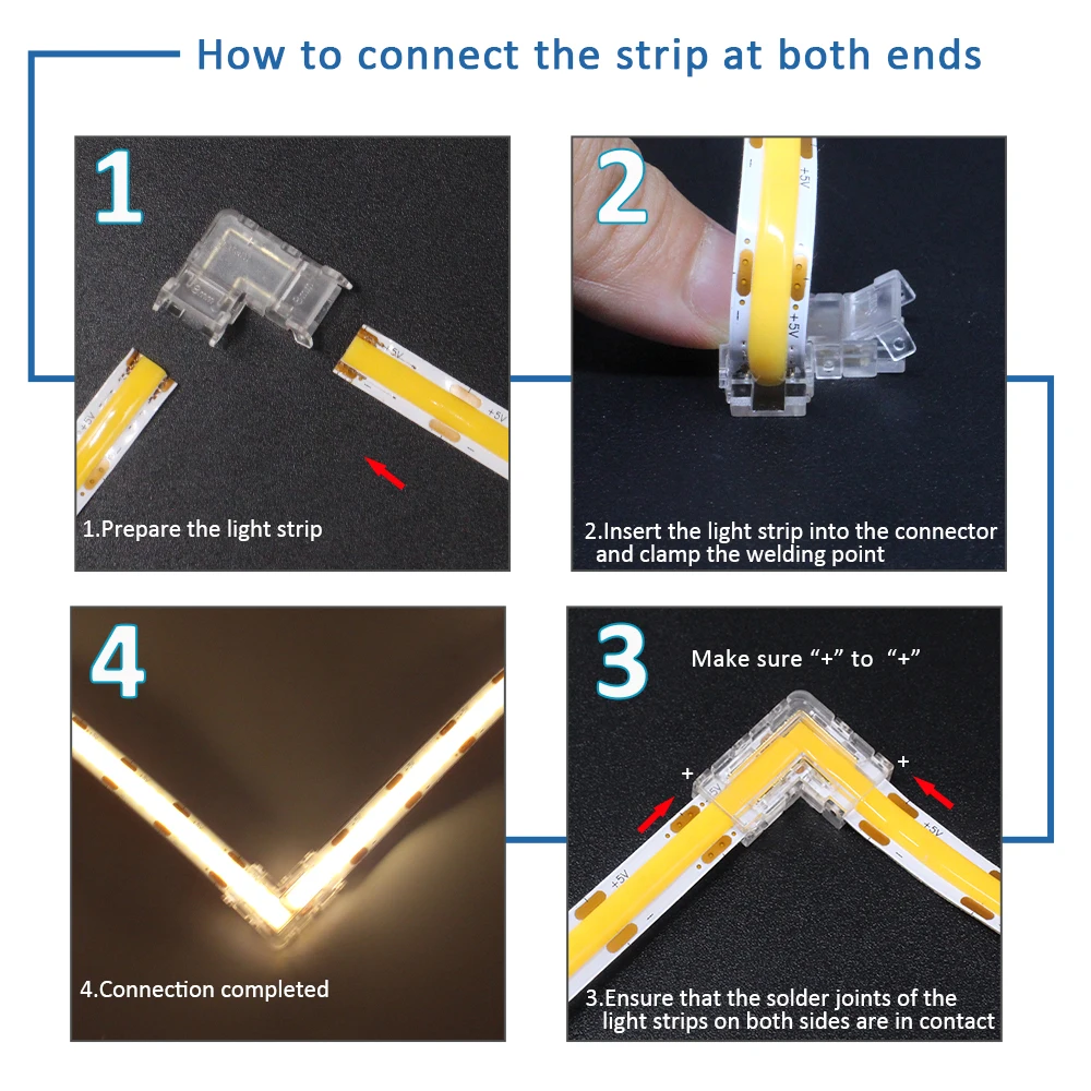 COB LED Strip Connector L Shape 2/3/4pin 8/10mm Corner Connectors 90 Degree 5PCS for CCT RGB LED Strip Lights