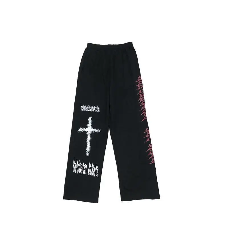 INS Wide Leg Pants Harajuku Style Creative Japanese Style Explosive Street Dark Cross Graffiti Straight Tube Wide Leg Guard Pant