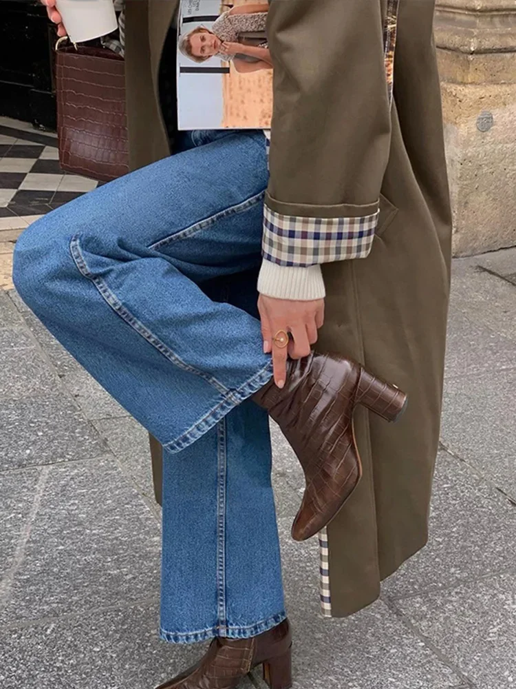 Elegant Plaid Lapel Long Windbreaker Women Fashion Single Breasted Full Sleeve Solid Coat 2025 Spring Lady High Street Outwear 4