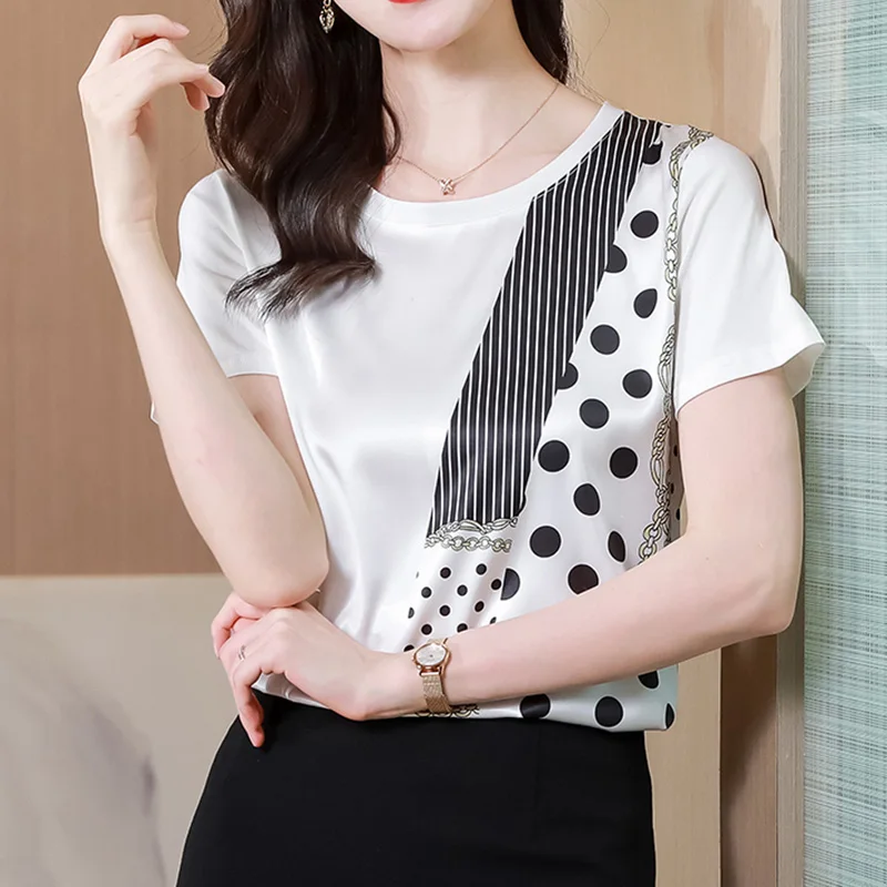 

2024 New Chic Irregular Striped Knitting KPOP Fashion Style Tops O Neck Short Sleeve Dots Are White Cotton Linen Women's Clothes