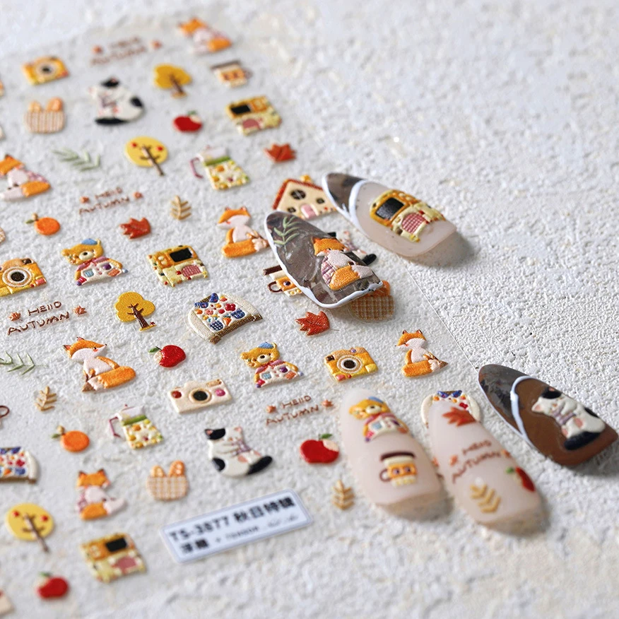 고양이 여우 건강 냄비 카메라 스웨터 곰 나무 낙엽 배낭 사과 과일 음식 5D 접착제 네일 아트 스티커 매니큐어 데칼