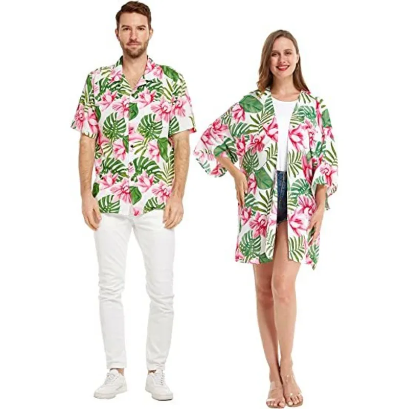 

Summer New Couple Fit Hawaiian Beach Vacation Party Tropical Leaves Vine Floral Palm Leaf Print Pink White Shirt Or Loose Kimono