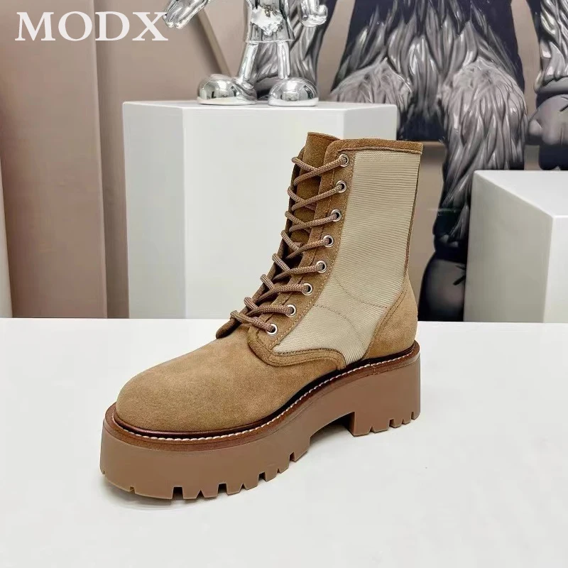 

Retro Round Toe Short Boots Women 2023 New Thick Sole Lace-up Slim Fashion Knight Boot Patchwork All-match Comforts Casual Shoes