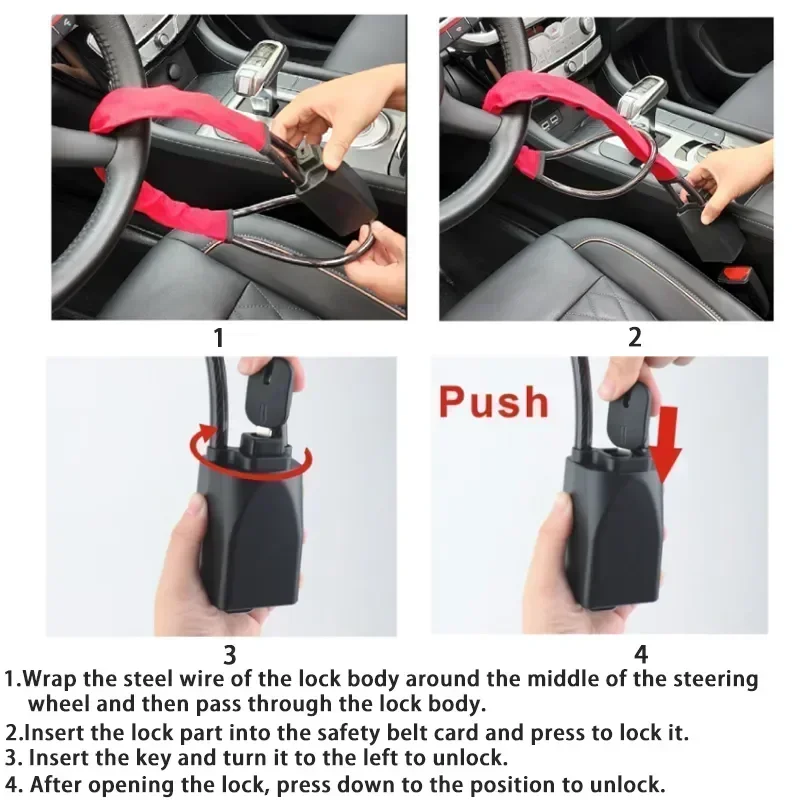 Universal Car Steering Wheel Lock with Seat Belt Socket and Steel Cable - Anti-Theft Protection Device with 3 Keys