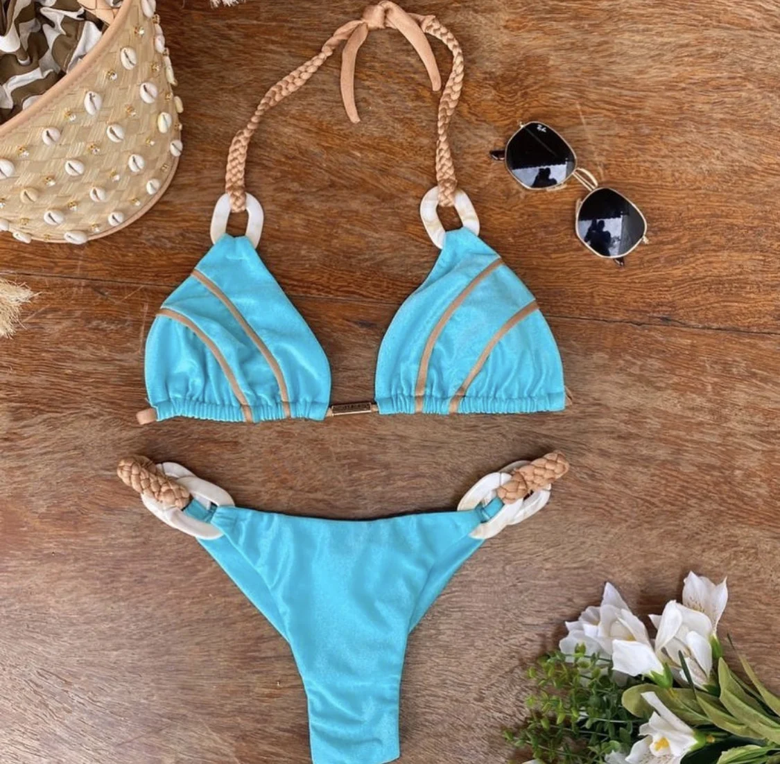 Einfarbiger Riemen-Bikini für Damen, sexy Badebekleidung für den Strandurlaub – Detail 2