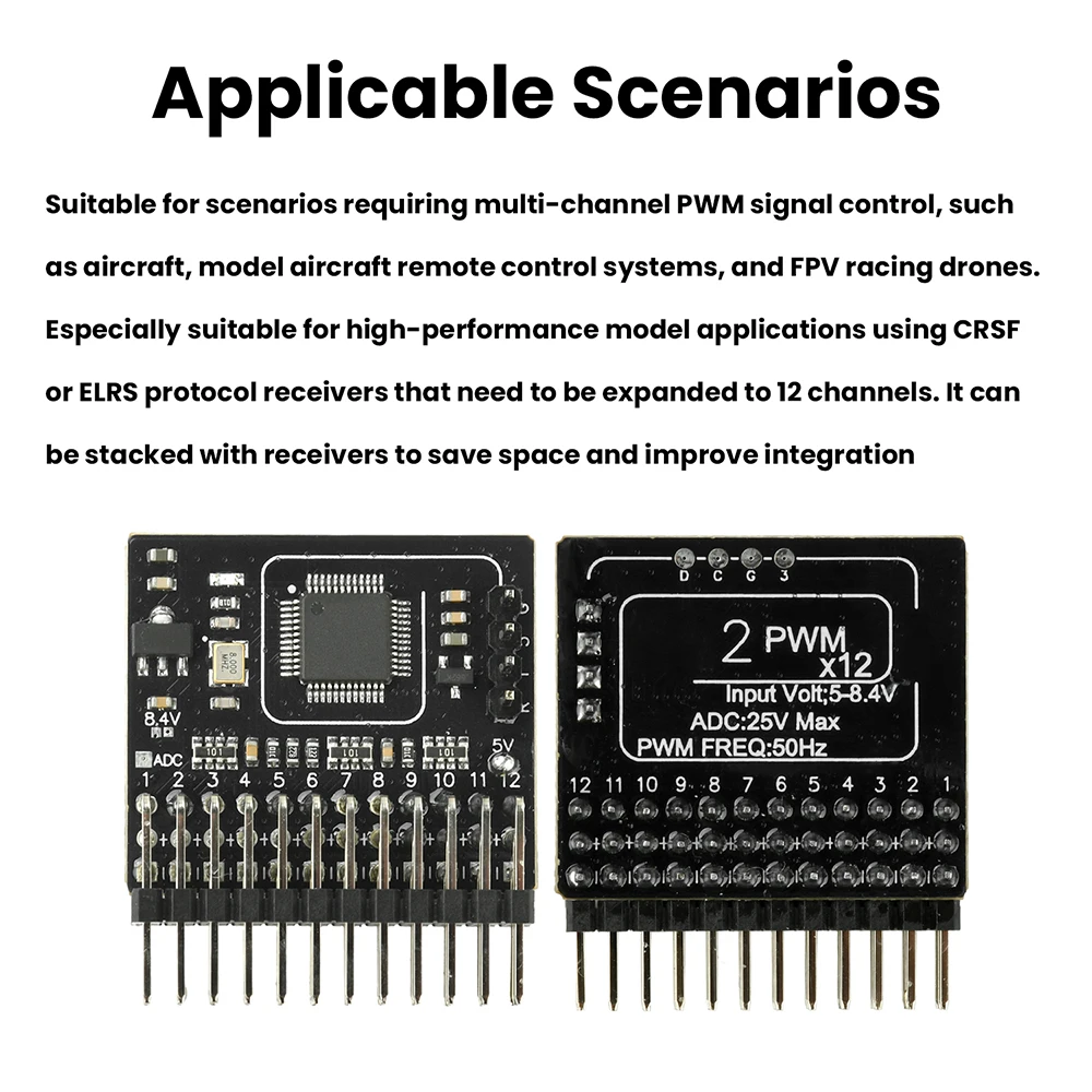 Convertisseur PWM 12 canaux pour récepteur drone FPV, connecteurs servo et câbles de télémétrie batterie 6S.