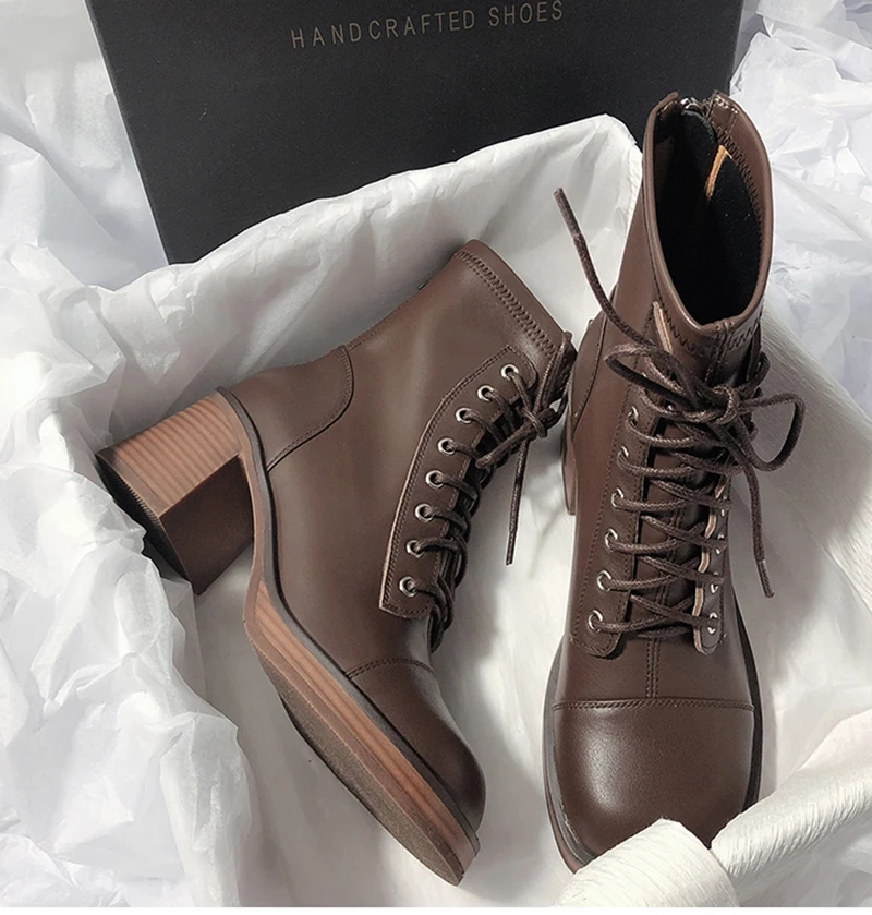 New Leather Ankle Boot For Women Motor Boot Retro Lace-up High Heels Shoes Woman Short Boot Square Toe Footwear 34-40