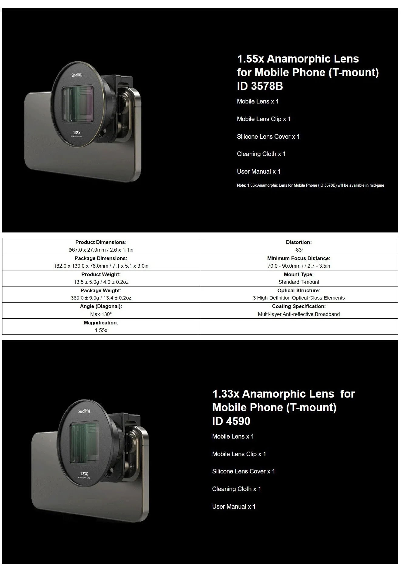 1.33x 1.55x Anamorphic Lens and 75mm Macro Lens for Mobile Phone (T-mount) Filmm