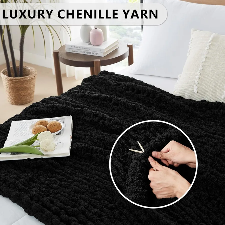 Chunky Knit Blanket Throw: 72''x84'' Chenille Chunky Knitted Throw Blanket for Bed Couch Handmade Thick Big Cable Knit Blanket