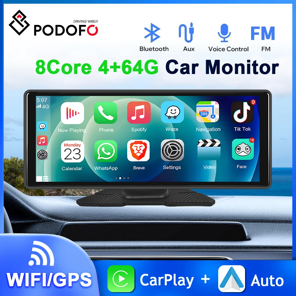 Podofo 10.26'' CarPlay monitor 8Core 4+64G Dashboard Carplay Android Auto GPS Navigation WIFI Bluetooth Android Monitor Player