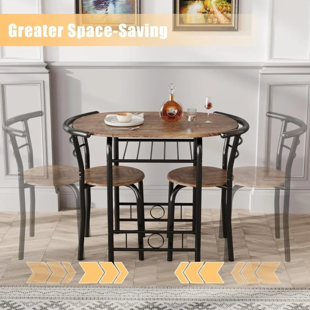 3-Piece Wooden Round Table & Chair Set, Space Saving Kitchen Breakfast Nook Wood Grain Tabletop with Metal Frame and Built-in W