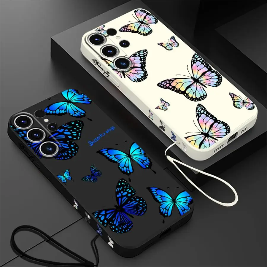Elegant Blue Butterfly Lanyard Silicone Phone Case