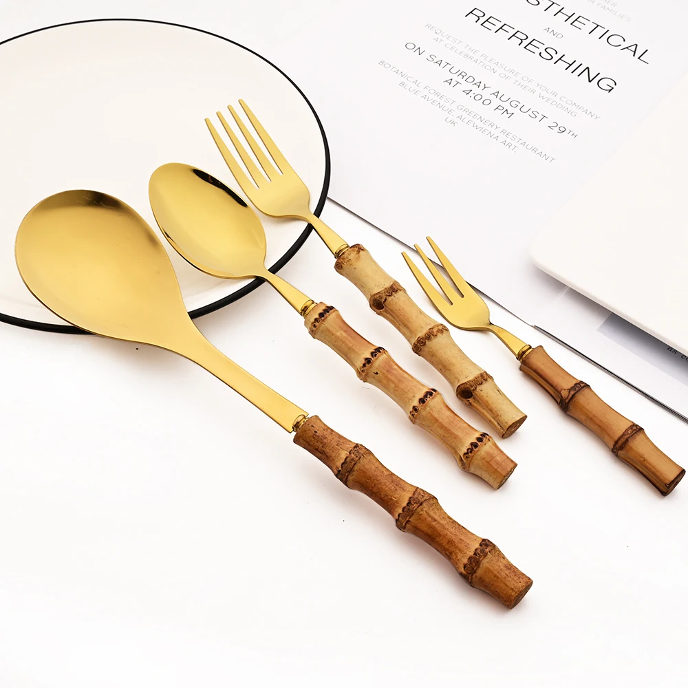 6Pcs Gold Natural Bamboo Handle 304 Dinnerware Set Stainless Steel Cutlery Set Upscale Knife Dessert Fork Spoon Tableware