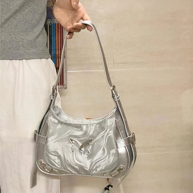 JIAERDI Fairycore Y2k Shoulder Bags Hot Girls Butterfly Leather Half Moon Bag Purse Female Retro Moto Biker Messenger Bag Women