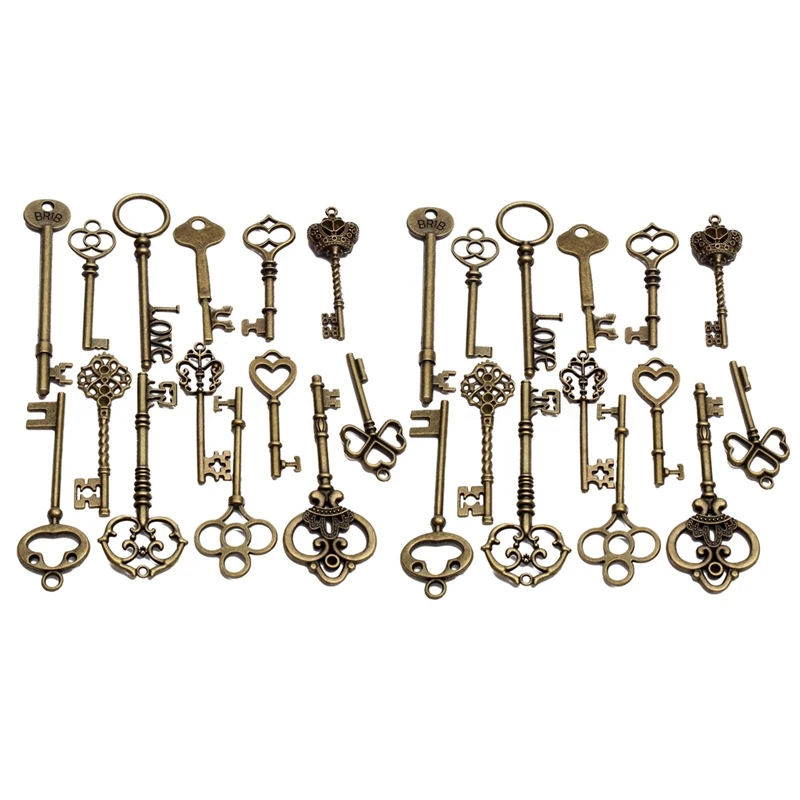 

Set Of 36 Antique Vintage Old Look Bronze Skeleton Key Heart Bow Lock Pendant