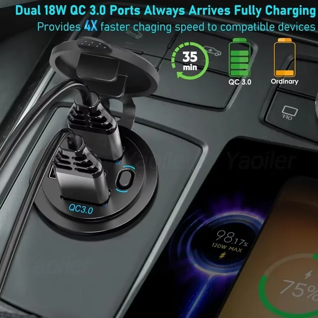 90W 12V Car Charger Socket Power Outlet Dual 36W PD USB-C & Dual Quick Charge 3.0 USB Port with Switch for RV Boat Marine Truck 3