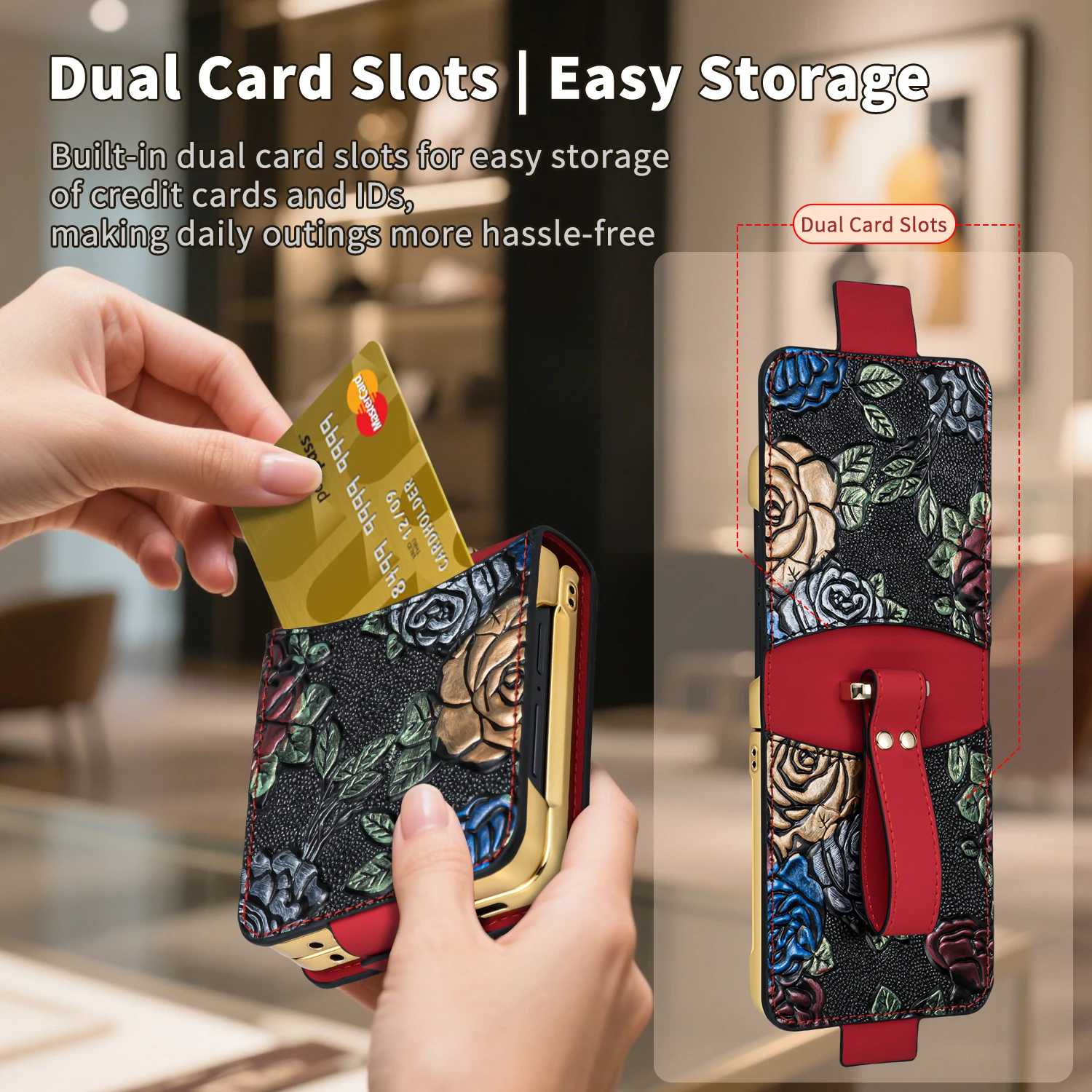 VIETAO Stylish PU Leather Phone Case with Card Slots & Wrist Strap - 3D Relief Design