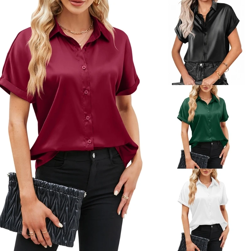 Summer Short Sleeves Shirt for Women All-Matching Button Down Casual Blouse-Satin Shirt Top Female Solid Color Blouses Dropship