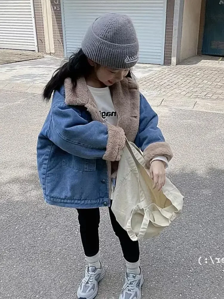 Children Jackets Autumn Winter Children Big Boy Outerwear Fleece Thicken Warm Toddler Boys Denim Jacket Kids Girls Parkas 2-11 Yrs