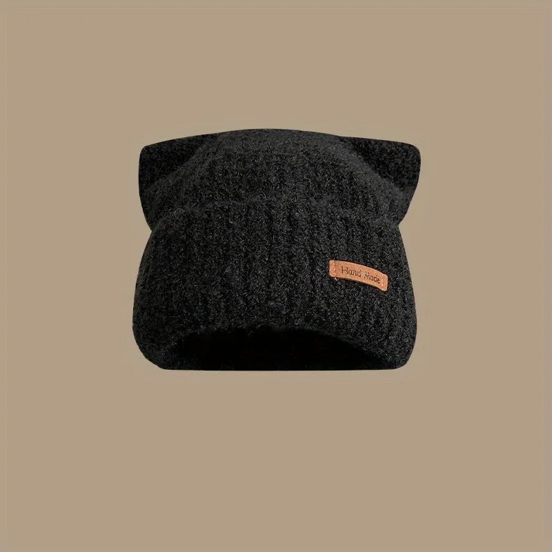 Woman Bonnet Solid Color Warmth Hat Winter Cute Cat Ear Earflap Knitted Hat Thicker Ear Protection Soft Street Beanie Hat 4