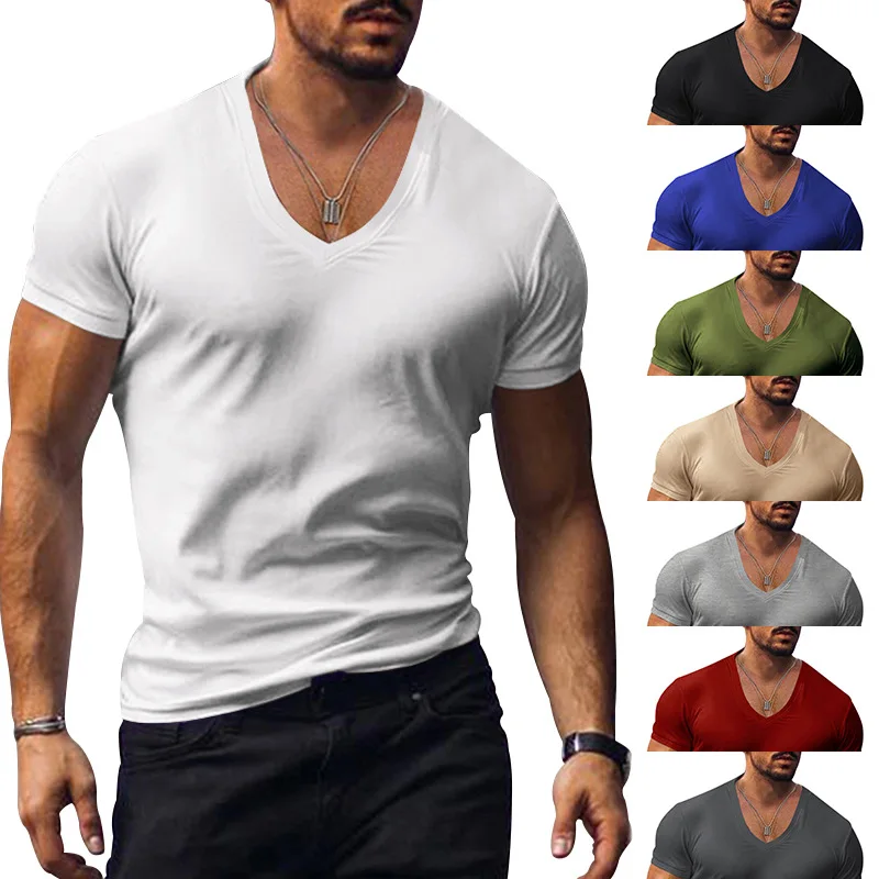 

Men's T-shirt European and American Summer Men's V-neck Solid Color Slim Fitting Thin Casual T-shirt Short Sleeved Top