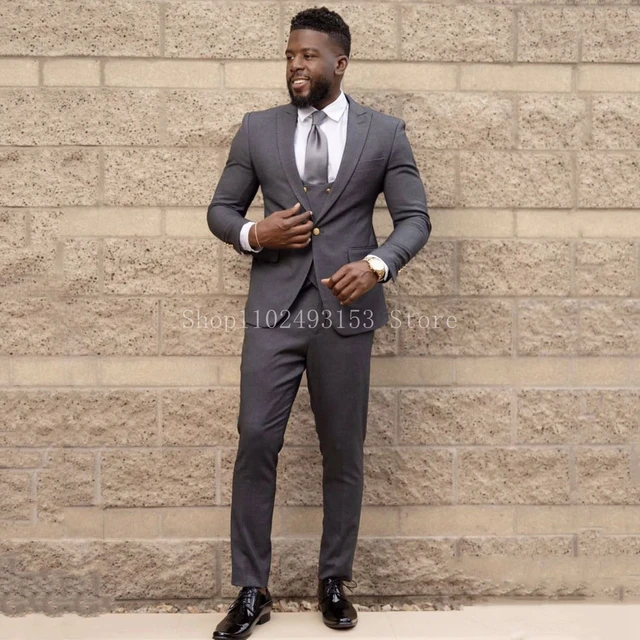 Charcoal Grey ~ Gray Satin Edged  Vested Tuxedo Suit Tow Toned - 100% Percent Wool Fabric Suit - Worsted Wool Business Suit