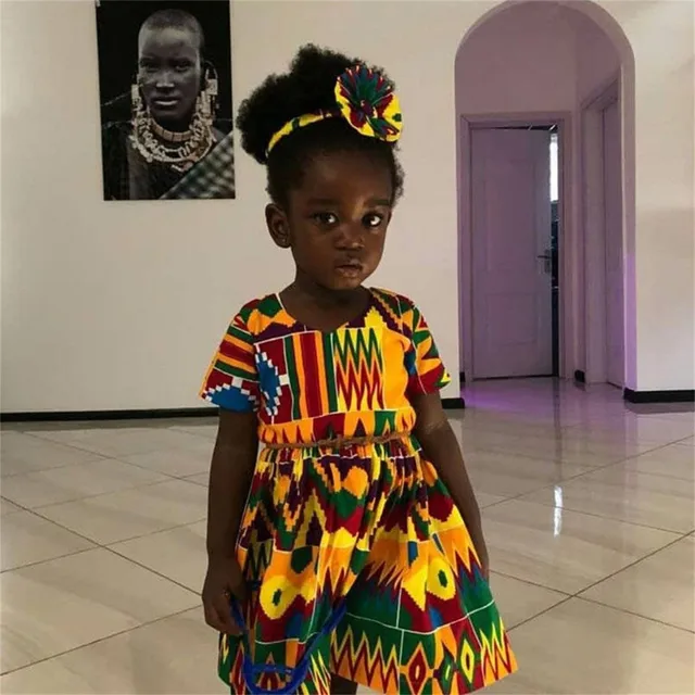 Y toddler kids baby girl dashiki african print dresses headwear short sleeve princess dress party