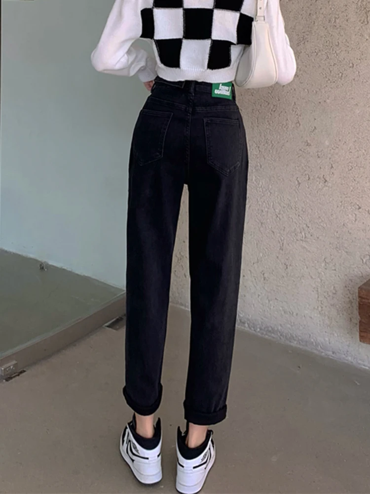 High Waist Harem Jeans Women 2024 New Wide Leg Lapel Waist Black Denim Pants Loose Casual Straight Trousers Office Outfits S-XL