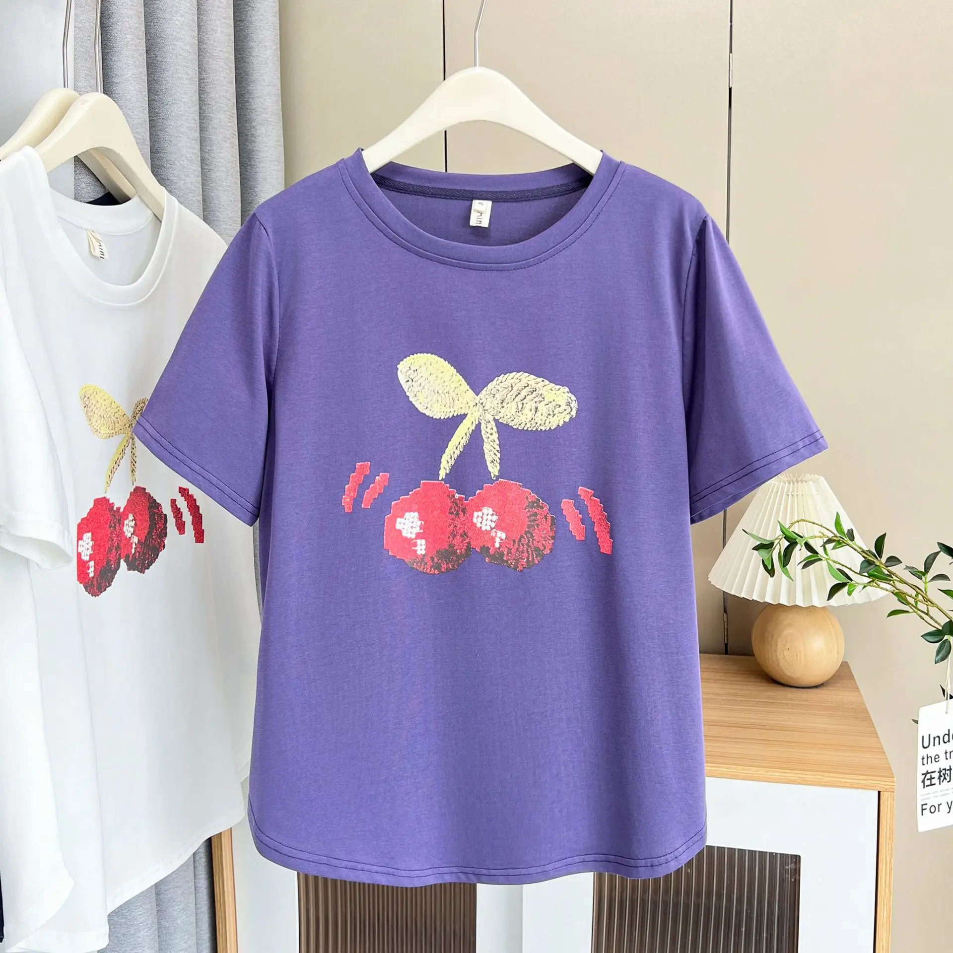 Summer 2025 Plus Size Top New 100kg Temperament Casual Printed Cherry Short Sleeve Tees Women's T-shirt 854
