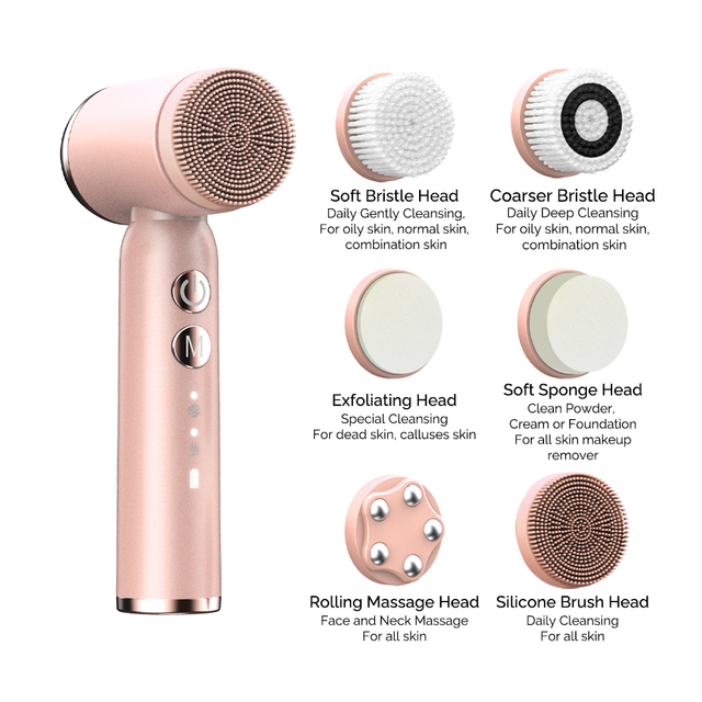 Wireless Hot Cool Facial Cleansing Brush Massager Face Washing Cleaning 6 in 1 Ultrasonic Face Cleansing Brush