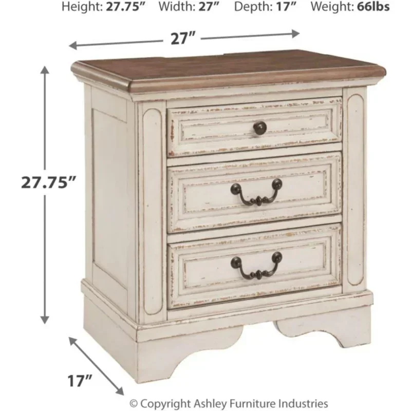 QWSignature Design by Ashley Realyn French Country 3 Drawer Nightstand with Electrical Outlets & USB Ports,Chipped White