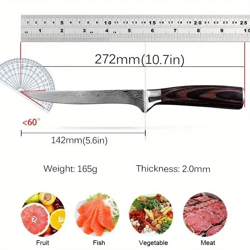 Kitchen Boning Knife Damascus Laser Pattern Butcher Knife Stainless Steel Bone Meat Fish Fruit Vegetables Chef with Cover kitchen knife