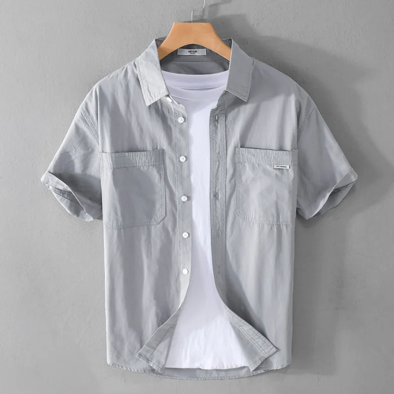 Summer Men's Casual Short Sleeve Shirt Cotton Sold Color Loose Simple Male Workwear Versatile Youth Fresh Shirt