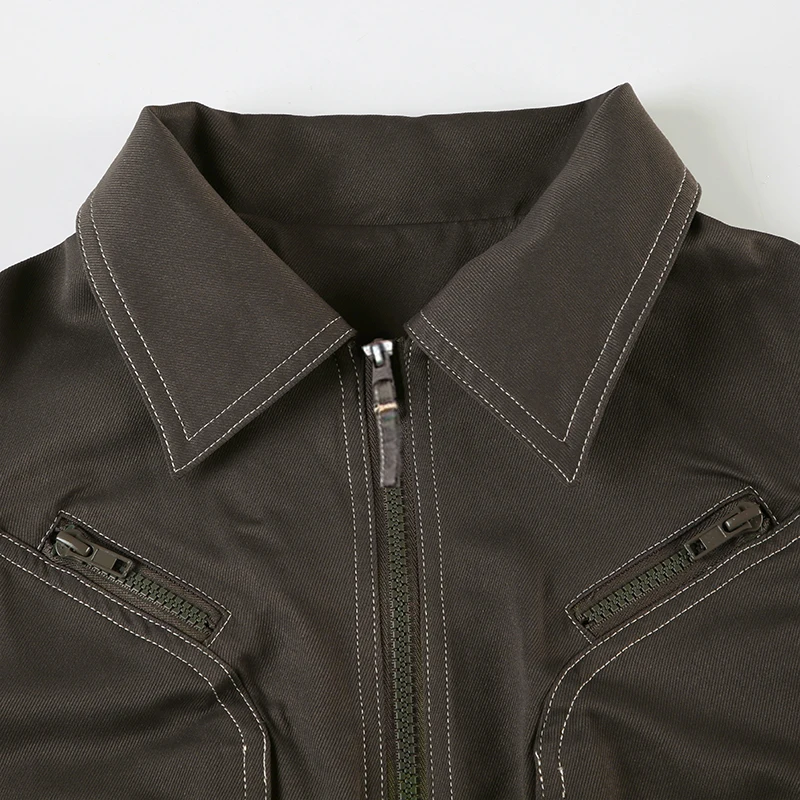 Fashion Y2K Women Cargo Jacket with Zipper Vintage Autumn Casual Stitch Detail Lady Pockets Coat Street Outfits