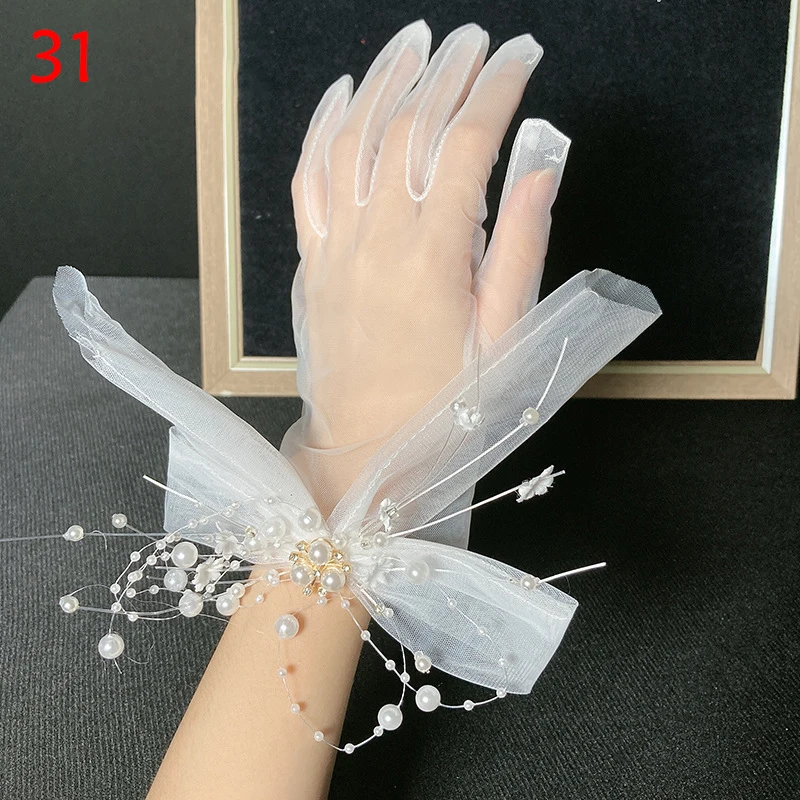 White Bride Dress Gloves Bow Lace Mesh Gloves Bridal Sheer Tulle Full Finger Mittens Cosplay Party Wedding Accessories