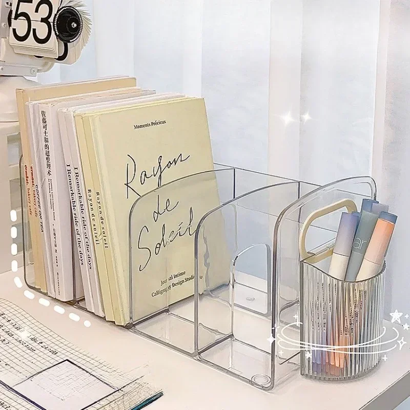 Book Organizer Convenient Clear Acrylic Bookends with Handle Desk Organizer Divided Book Stand Desktop Sorting Rack Study Supplies