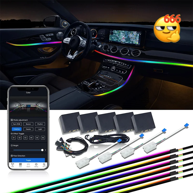 듀얼 존 심포니 LED 자동차 주변 조명, RGB 64 색 인테리어 레인보우 아크릴 스트립 네온 분위기 조명 키트 앱, 18 인 1