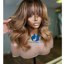Amethyst Brown Wave Bang Wig with Blonde Highlights 100% Human Hair for Women Scalp Top Full Machine Made Wig None Lace Remy