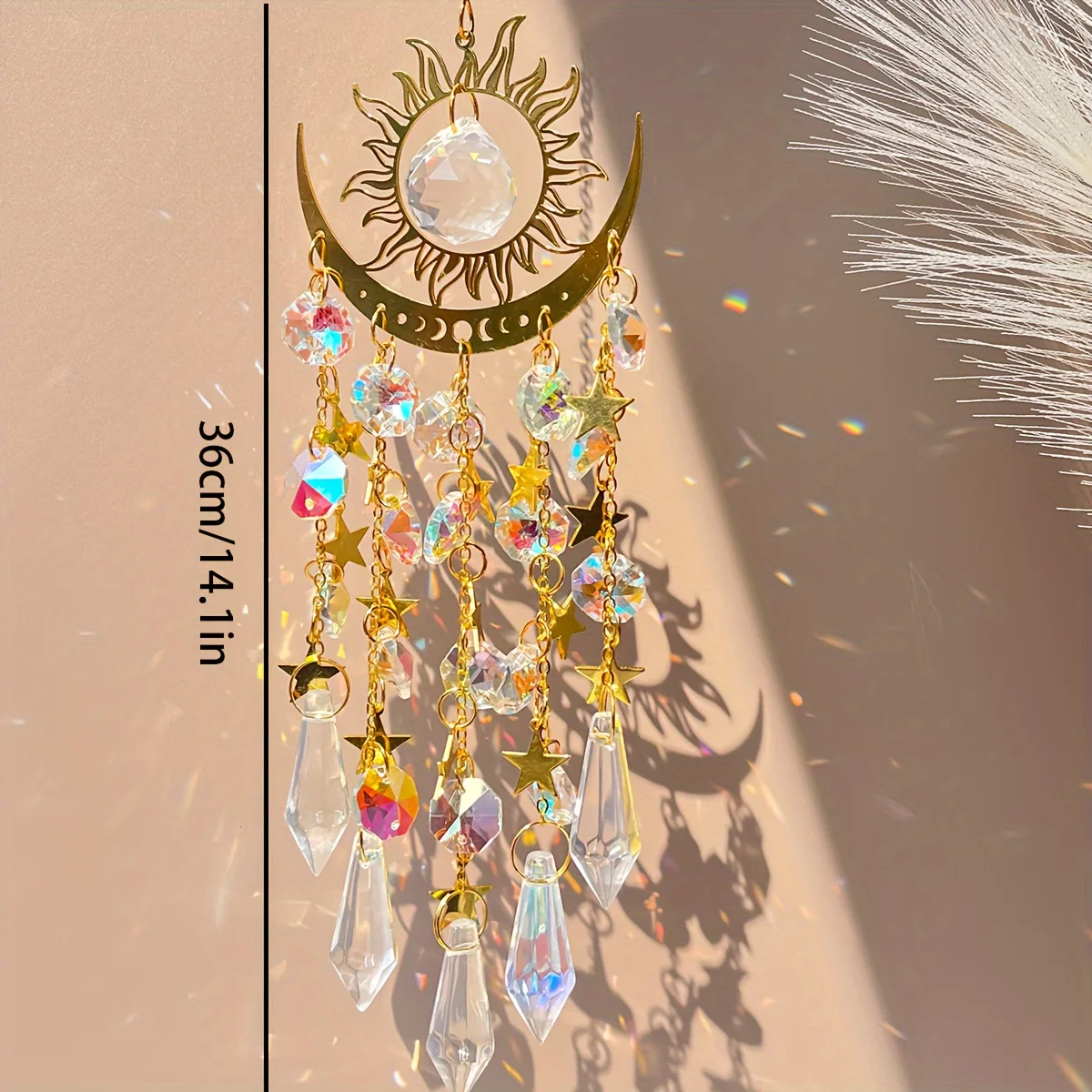 1pcs Crystal Wind Chime Bohemian Glass Iron Moon Light Catcher Hanging Rainbow Prism Pendant Home Window Decoration Gift