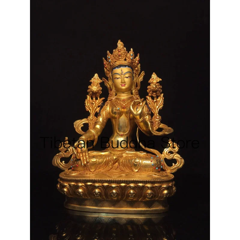 

33cm Tibetan Pure Copper Brass Gilded Gold Face White Tara Guanyin Bodhisattva Home Buddha Hall Decoration