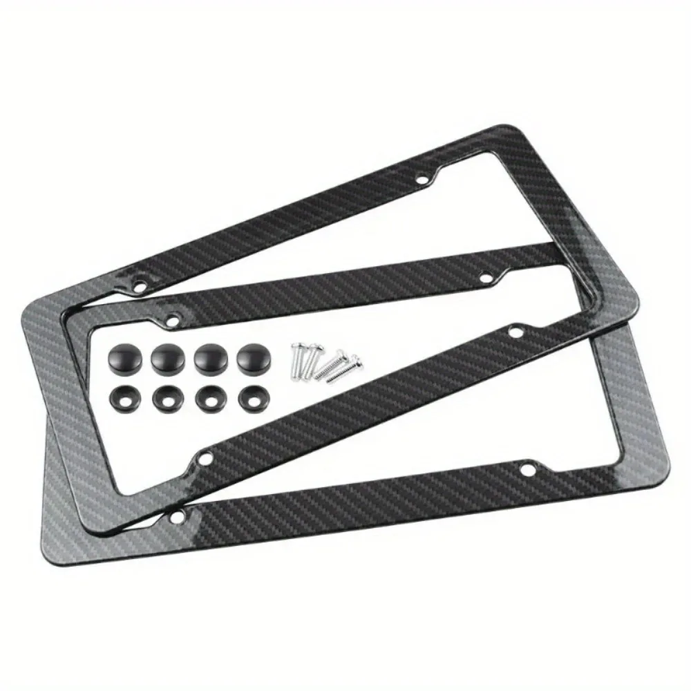Carbon Fiber License Plate Frame-Black Plastic Front & Rear Car Tag Holder Cover With Mount Hardware Screws 2/1 Set