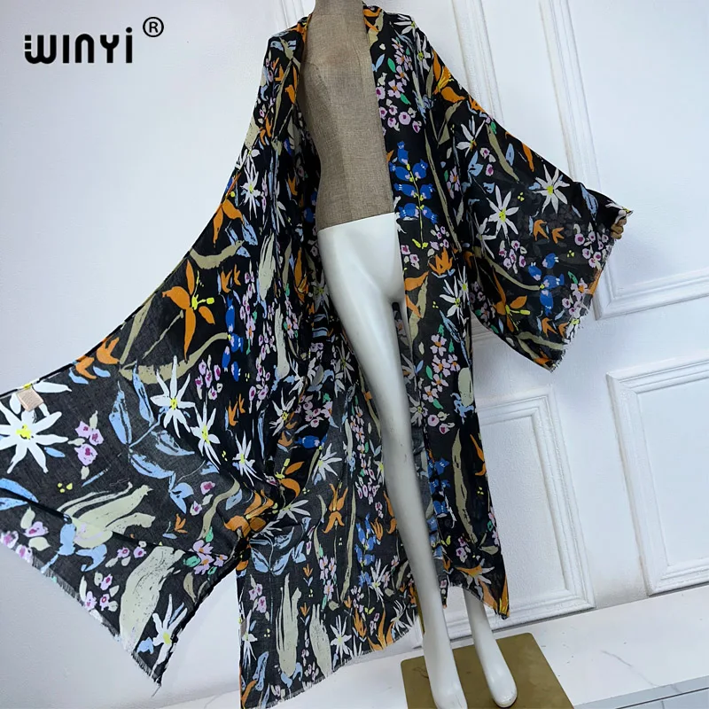 WINYI 여성용 기모노 비치 커버 업 가디건, 보호 맥시 코트, 아바야, 두바이, 럭셔리 이슬람 카프탄, 여름, 2024 원피스