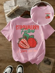 Strawberry Festival Oversized Women's Cotton T - Shirts - Soft & Comfortable Summer Tees - S (Pink)