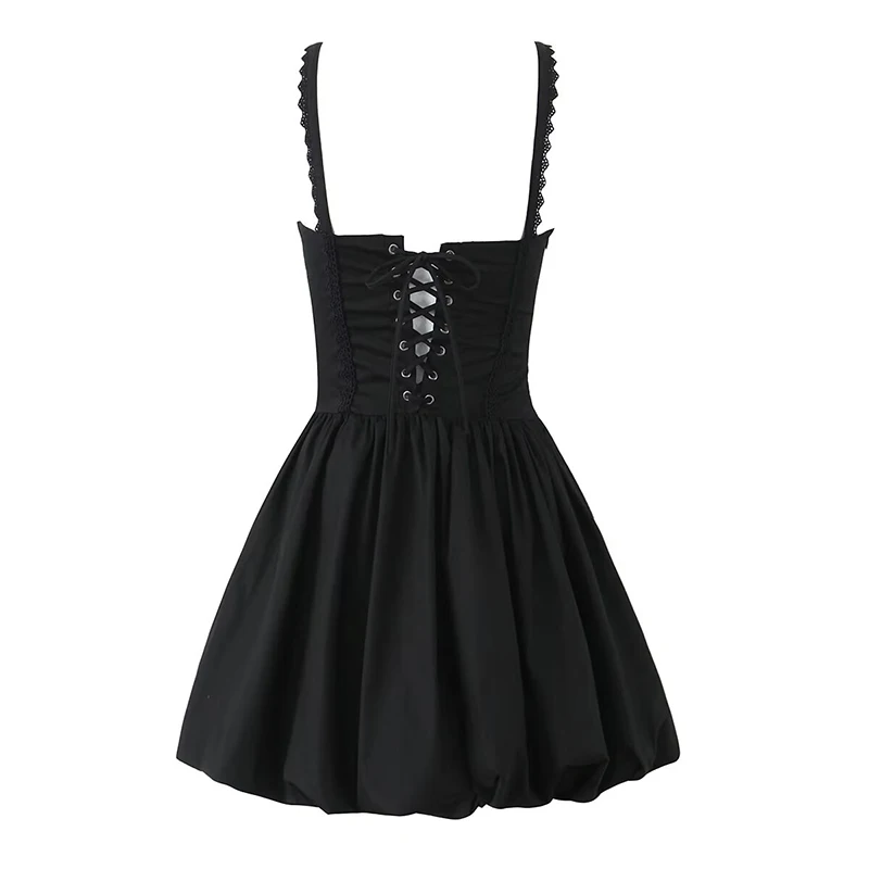 YENKYE 2025 Women Lace Spliced Black White Sling Mini Dresses Low Waist Cotton Summer Sexy Party Dress Sexy Lacing Up Robe 4