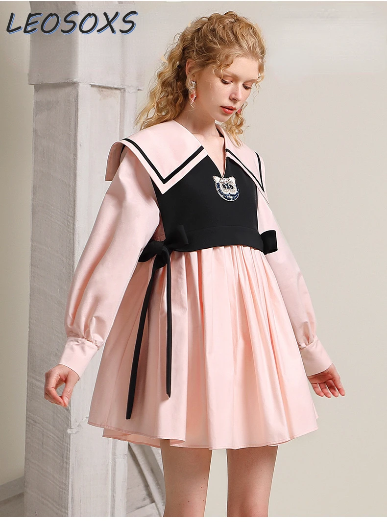 

College Style Early Spring Dress Female Beaded Sweet Contrast Color Sailor Collar Fake Two Pieces Girl's Dresses Women Dress