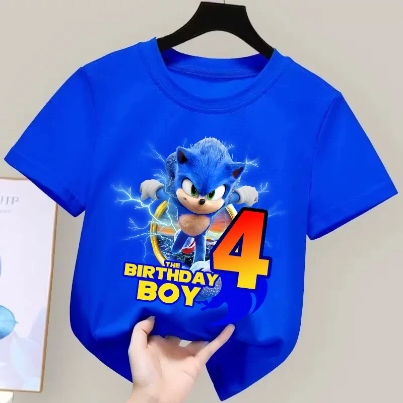 Kids Blue Sonic Birthday Cartoon T-Shirt – Short Sleeve Anime Gift Tee