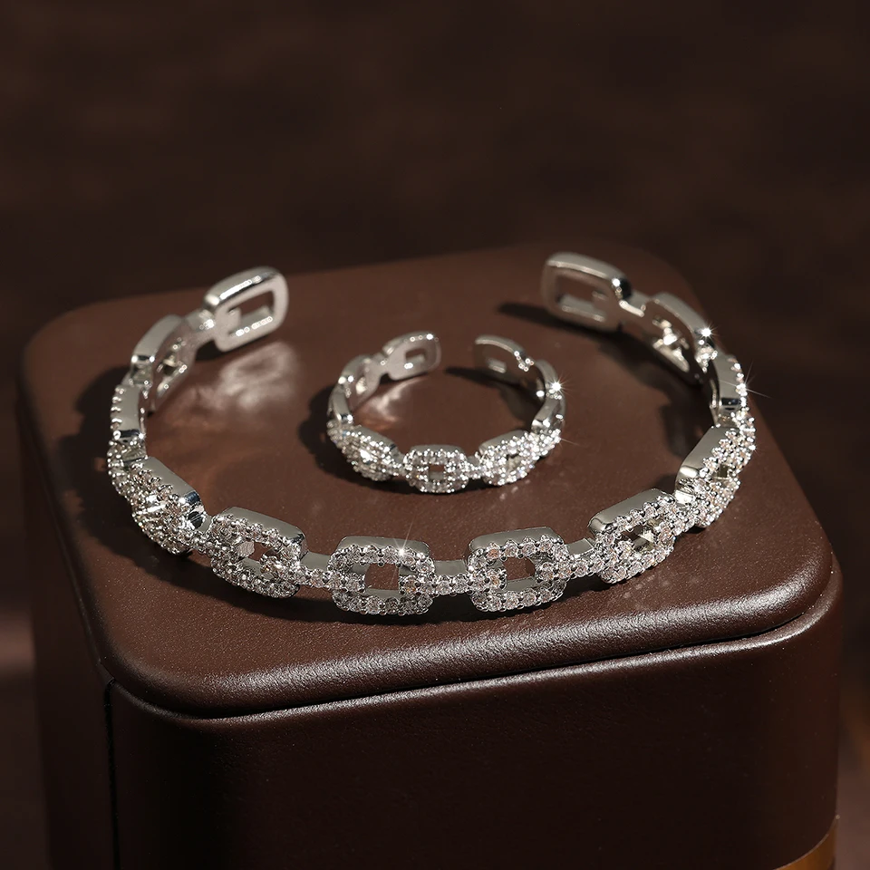 ZAKOL New Geometric Buling AAA Zirconia Ring Bangle Set for Women Shiny Crystal Luxury Charms Silver Color Wedding Jewelry Set 6