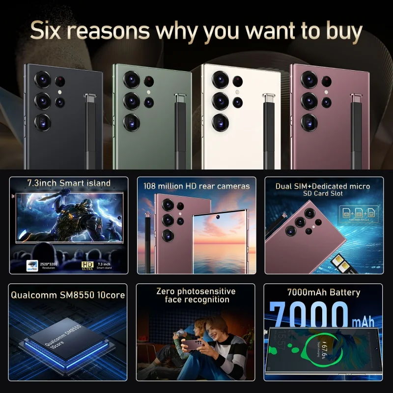 S24 Ultra Mobile Phones 7.3 HD Screen SmartPhone Original 22GB+2TB 4G 5G Dual Sim Celulares Android Unlocked 7000mAh S23 Ultra